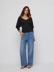 Cotton-blend V-neck Middle Lantern Sleeve Top
