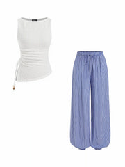 Cotton-blend Textured Drawstring Tank Top & High Rise Striped Joggers Set