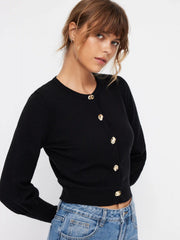 Knit Round Neck Gigot Sleeve Button Metal Detail Cardigan