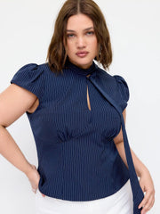 Striped Stand Collar Cut Out Blouse With Scarf Curve & Plus