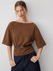 Boat Neck Short Sleeve Top With Belt