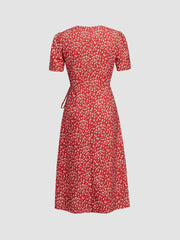 V-neck Ditsy Floral Knotted Midi Dress