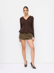 Knit Collar Long Sleeve Ruffle Hem Top
