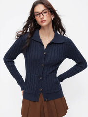 Cable Knit Collar Button Long Sleeve Cardigan