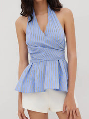 Cotton-blend Halter Neckline Stripe Bowknot Ruffle Hem Top