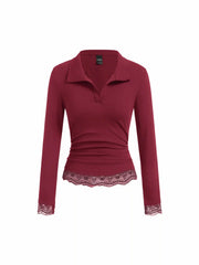 Collar Long Sleeve Contrasting Lace Ruched Top