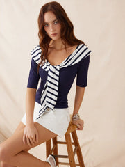 Cotton-blend Striped Sailor Collar Off-shoulder Mid-length Sleeve Tee