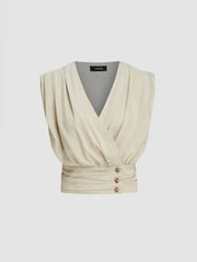 V-neck Ruched Button Corset Solid Tank Top