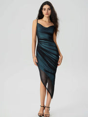 Mesh Cowl Neck Ruched Maxi Dress