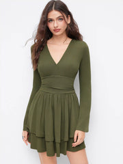 V-neck Ruched Layered Ruffle Hem Mini Dress