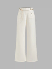 Tweed Mid Rise Solid Pearl Button Wide Leg Trousers With Waist Chain