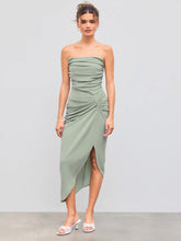 Solid Ruched Asymmetrical Tube Midi Dress