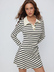 Cotton-blend Stripe Collar Long Sleeve Mini Dress