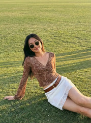 Paisley V-Neck Twist Knot Bell Sleeve Crop Top