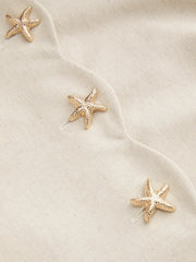 Linen-blend Boat Neck Starfish Button Tie Back Blazer Vest