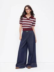 Knit Collar Striped Colorblock Middle Sleeve Top