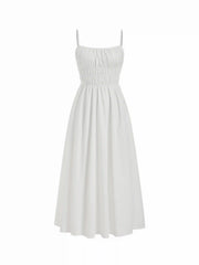 Mid Rise Ruched Shirred Maxi Flared Dress