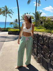 Mid Rise Knottd Stripe Elastic Waist Wide Leg Trousers