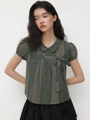 Cotton-blend Peter Pan Collar Check Bowknot Oversized Blouse