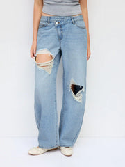 Denim Low Rise Barrel-Leg Ripped Jeans