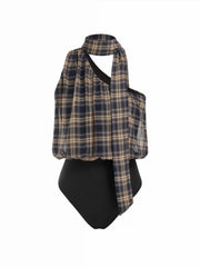 Plaid Halter Neck Asymmetrical Crop Blouse Bodysuit With Scarf