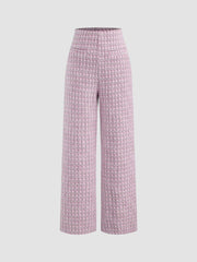 Tweed Mid Rise Checks Zipper Wide Leg Trousers