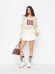 Knit Crochet 08 Star Graphic Hollow Out Oversized Long Sleeve Top