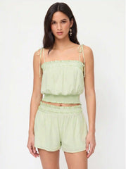 Textured Square Neckline Applique Shirred Ruffle Cami Blouse