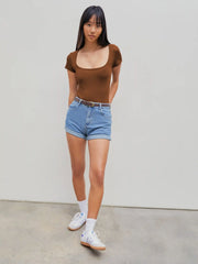 Solid Square Neck Short Sleeve Bodysuit