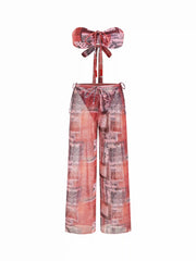 Halter Neckline Paisley Beaded Tie Side Bandeau Bikini Set With Cover Up Pants