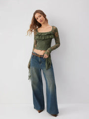 Lace Square Neck Ruffle Sleeve Crop Top