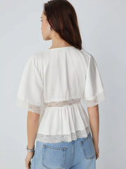 Satin V-Neck Lace Panel Ruffle Sleeve Blouse