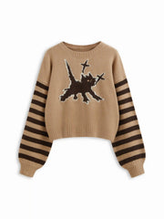 Knit Round Neckline Cat Striped Oversized Top