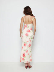 Mesh Floral Graphic V-neck Knotted Mermaid Maxi Dress