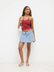 Denim Low Rise Pleated Fold Over Micro Mini Skirt