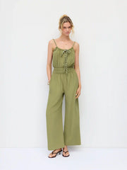 Cotton Scoop Neck Shirred Bowknot Mid Rise Wide Leg Jumpsuit