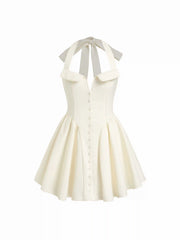 Linen-blend Halter Neckline Bowknot A-line Mini Dress