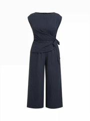 Boat Neck Stripe Ruched Knotted Wide Leg Jumpsuit Curve & Plus