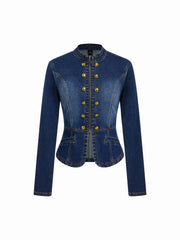 Stretch Denim Stand Collar Long Sleeve Zip Through Metal Button Split Blouse