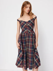 Cotton Plaid Off-shoulder Button Front Ruffle Midi Dress