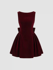 Velvet Boat Neck Bow Backless Mini Dress
