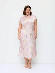 Satin Floral Mandarin Collar Tie Front Cut Out Maxi Mandarin Dress Curve & Plus