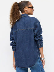 Denim Collar Long Sleeve Curved Hem Oversized Blouse