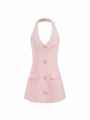 Halter Neck Rhinestone Button A-line Mini Dress