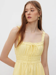 Linen-blend Lettuce Trim Knotted Shirred Cami Midi Dress