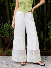 Mid Rise Drawstring Lace Trim Wide Leg Trousers