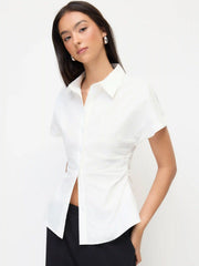 Cotton-blend Collar Short Sleeve Ruched Shirt