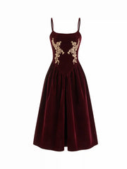 Velvet U-neckline Floral Embroidery Midi Dress