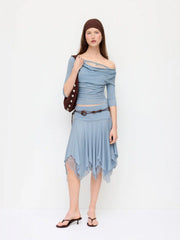 Cowl Neck Ruched Middle Sleeve Top & Mid Rise Belted Asymmetrical Hem Midi Skirt Set