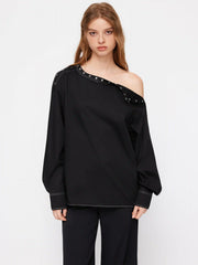 Cotton-blend Asymmetrical Neck Button Stitch Long Sleeve Oversized Blouse